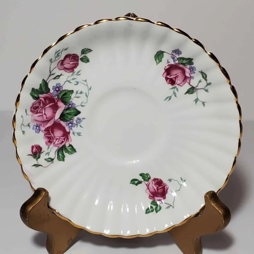 English Castle Teacup and Saucer Pink Roses Vintage
